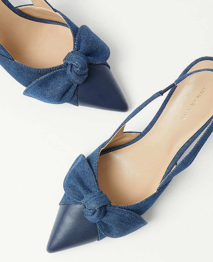 Ann Taylor Denim Bow Mid Heel Slingback Pumps Dark Blue Women's