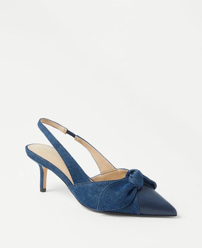 Ann Taylor Denim Bow Mid Heel Slingback Pumps Dark Blue Women's