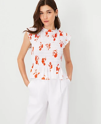 Ann Taylor Floral Smocked Ruffled Top Flame Azalea Women's