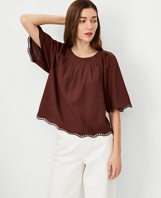 Ann Taylor Linen Blend Pleat Neck Blouse Women's