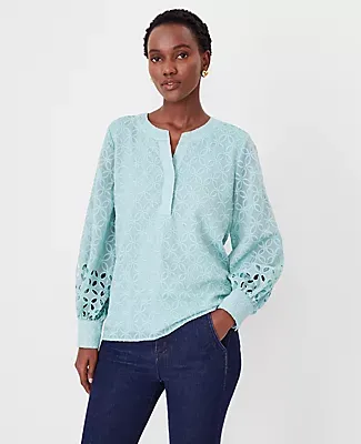 Ann Taylor Eyelet Wide Cuff Popover Top