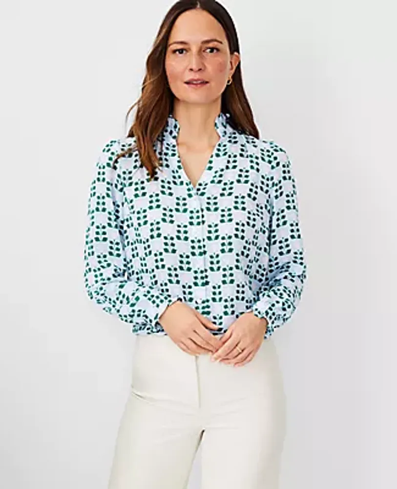 Ann Taylor Floral Tile Ruffle Button Top