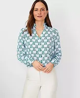 Ann Taylor Floral Tile Ruffle Button Top