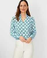 Ann Taylor Floral Tile Ruffle Button Top Perfect Sky Women's