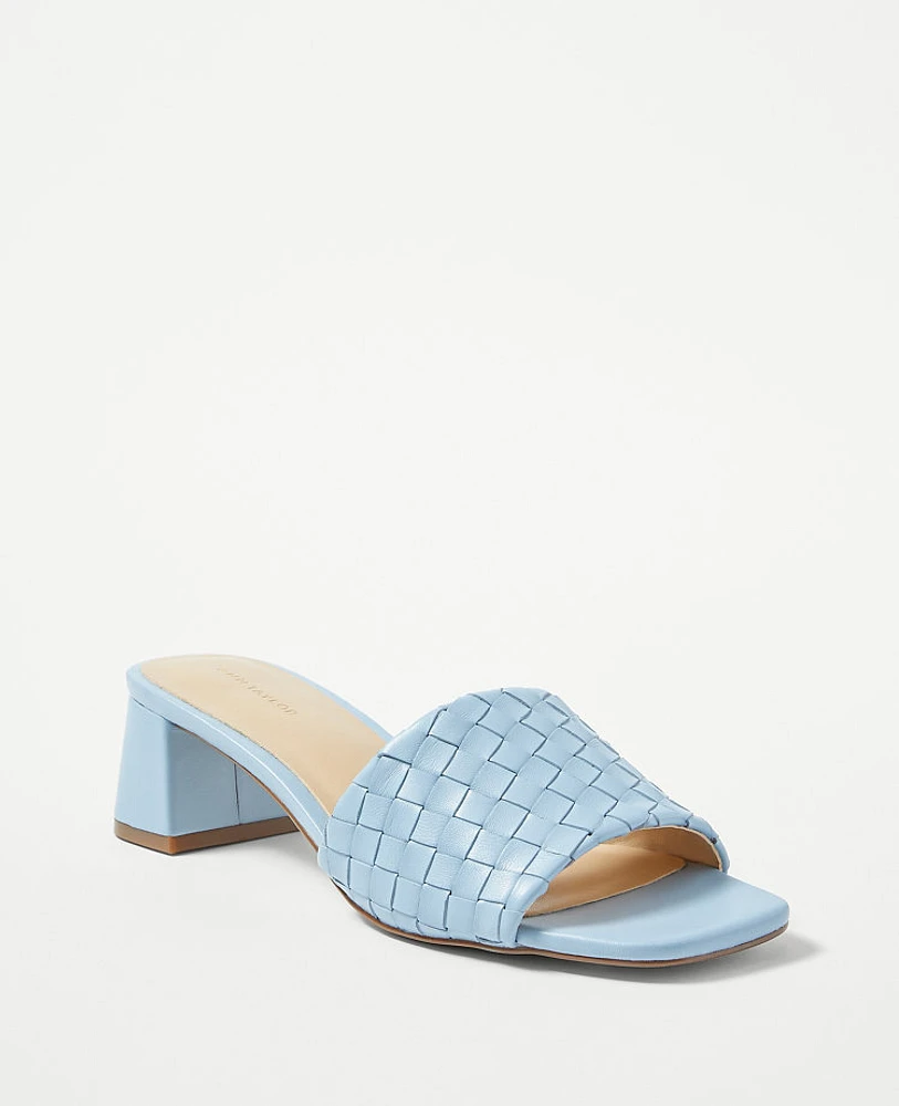 Ann Taylor Woven Strap Leather Block Heel Sandals Blue Echo Women's