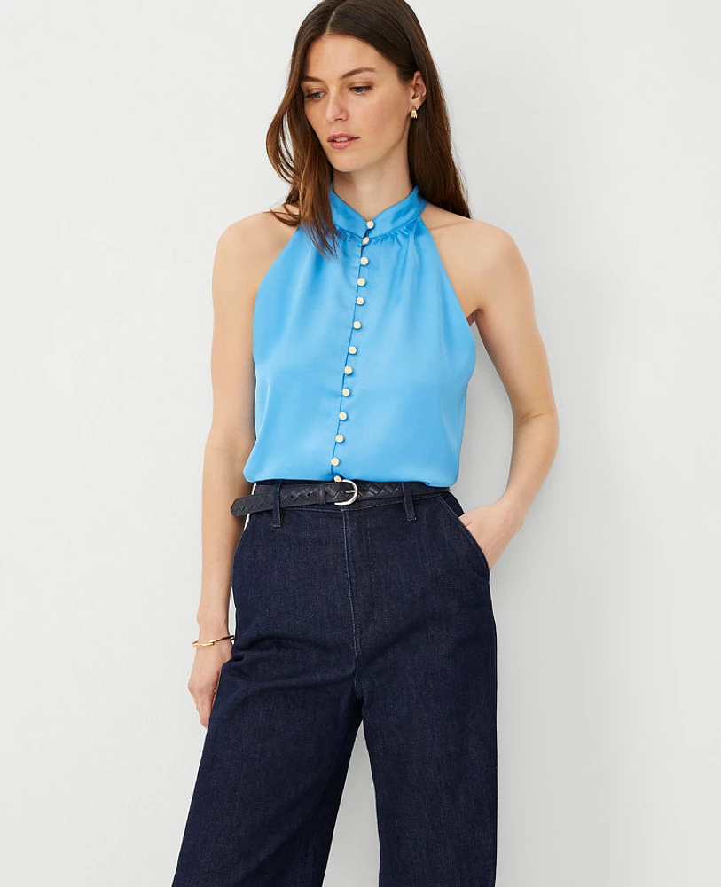 Ann Taylor Button Halter Top Cerulean Blue Women's