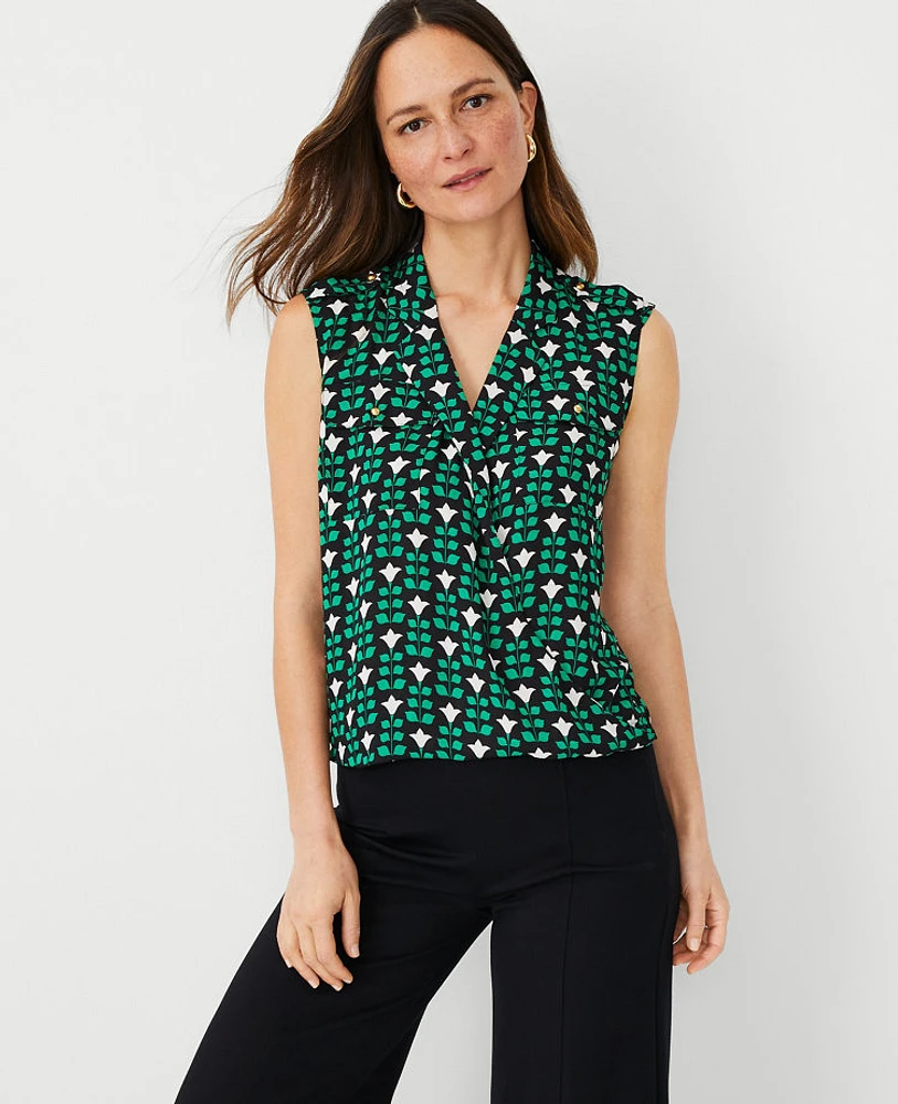 Ann Taylor Floral Tile Sleeveless Utility Top Grass Green Women's