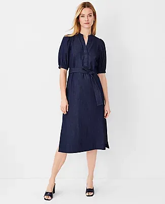 Ann Taylor Chambray Puff Sleeve Belted Shirtdress