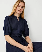 Ann Taylor Puff Sleeve Belted Shirtdress Indigo Chambray Women's