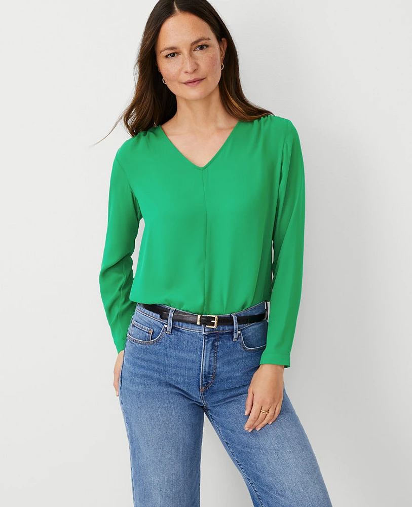 Ann Taylor Petite V-Neck Popover Top Grass Green Women's