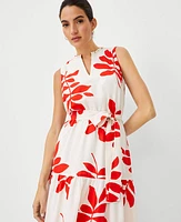 Ann Taylor Leaf Split Neck Flare Midi Dress Fiery Red Women's