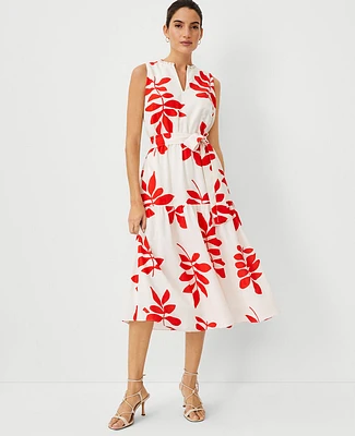 Ann Taylor Leaf Split Neck Flare Midi Dress Fiery Red Women's