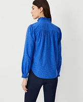 Ann Taylor Eyelet Ruffle Button Top Dazzling Blue Women's