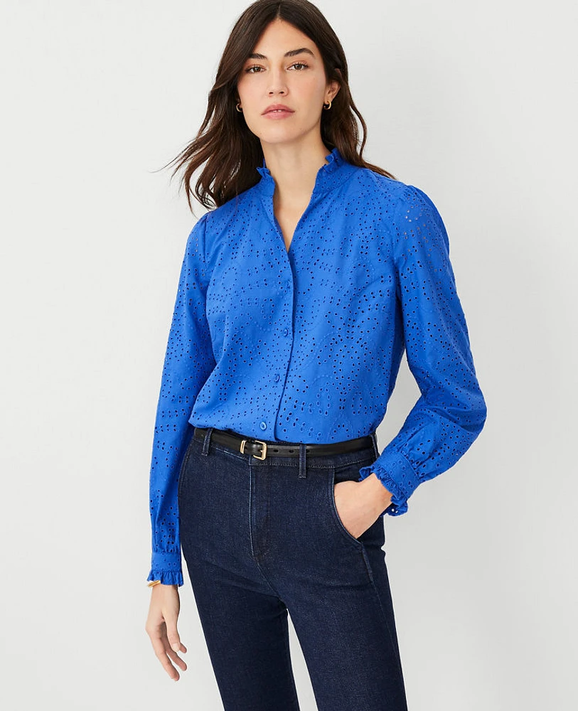 Ann Taylor Eyelet Ruffle Button Top Dazzling Blue Women's