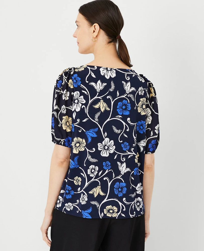 Ann Taylor Floral Mixed Media Puff Sleeve Top Size XS Night Sky Women's