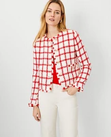 Ann Taylor Petite Plaid Fringe Tweed Jacket Red/White Multi Women's