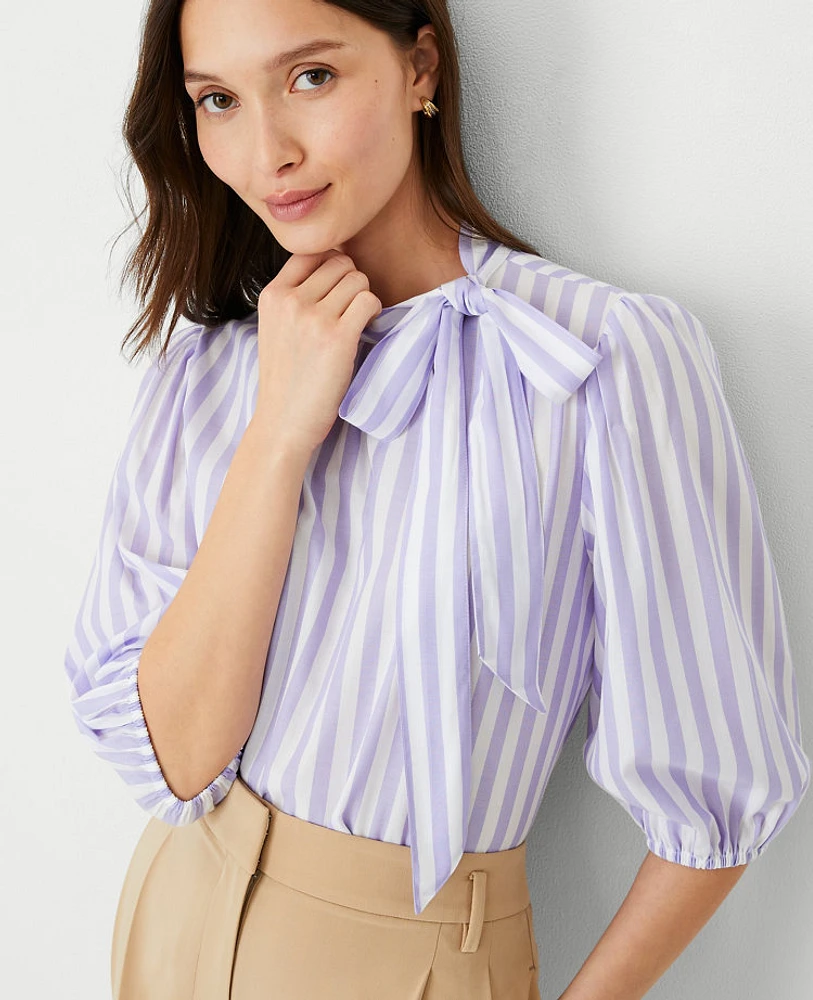 Ann Taylor Petite Striped Bow Puff Sleeve Blouse Size Large Purple Petal Women's