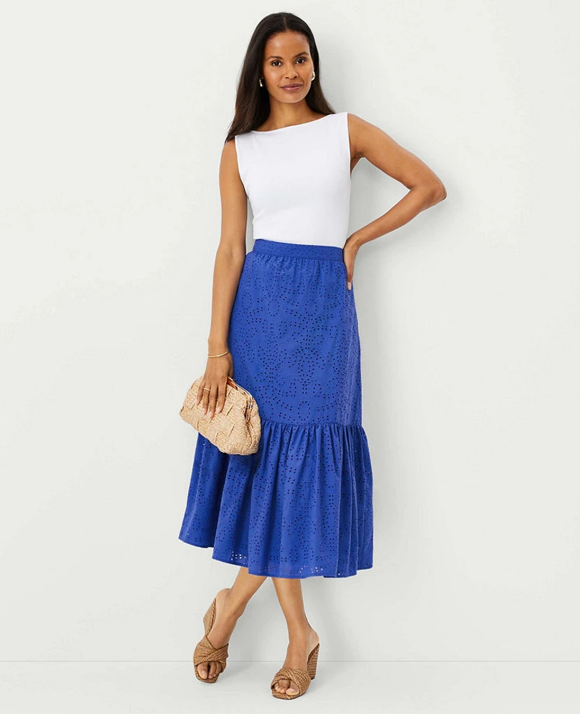 Ann Taylor Eyelet Gathered Flounce Midi Skirt Dazzling Blue Women's