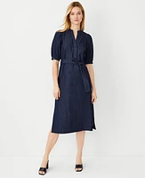 Ann Taylor Petite Puff Sleeve Belted Shirtdress Indigo Chambray Women's