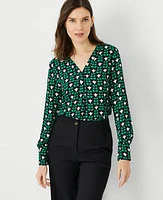 Ann Taylor Petite Floral Tile Mixed Media Pleat Front Top Grass Green Women's