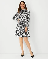 Ann Taylor Petite Floral Mock Neck Flare Dress Black Women's