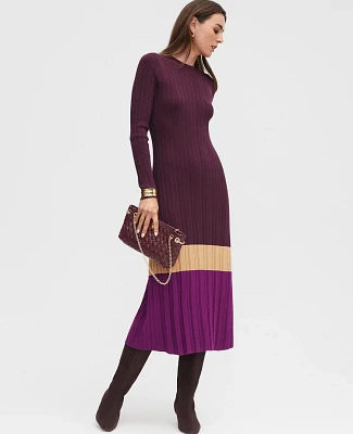 Ann Taylor Colorblock Ribbed Mock Neck Sweater Dress Size XS Plum Combo Women's