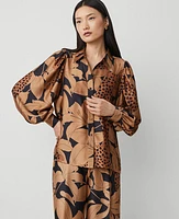 Ann Taylor Cat Print Collared Shirt Perfect Camel Women's