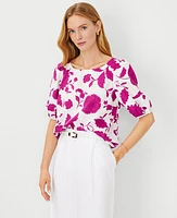 Ann Taylor Petite Floral Linen Blend Boatneck Popover Top Magenta Shadow Women's