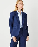 Ann Taylor The Petite One Button Notched Blazer Linen Cotton Navy/Black Combo Women's