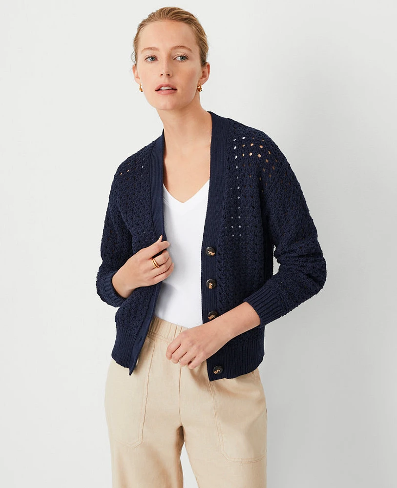 Ann Taylor AT Weekend Mesh Stitch V-Neck Cardigan Night Sky Women's