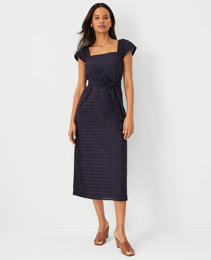 Ann Taylor Petite Eyelet Square Neck Puff Sleeve Midi Dress Night Sky Women's