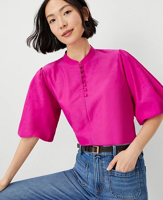 Ann Taylor Petite Cotton Blend Pleated Sleeve Popover Top Magenta Shadow Women's