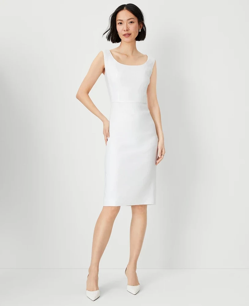 Ann Taylor The Petite Scoop Neck Sheath Dress in Herringbone Linen Blend Size 8 White Women's