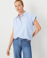 Ann Taylor Petite AT Weekend Striped Cotton Shirred Shirt Light Blue Melange Women's