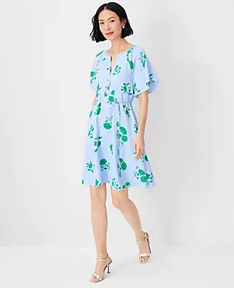 Ann Taylor Petite Floral Split Neck Tie Waist Dress