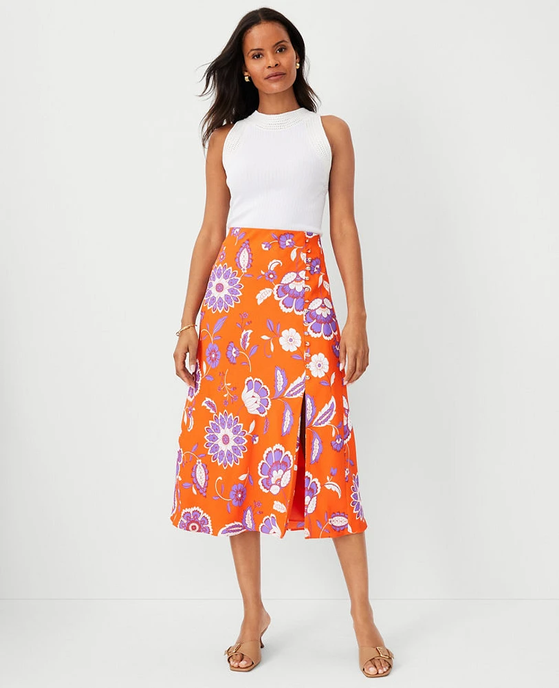 Ann Taylor Petite Floral Button Slit Midi Slip Skirt Flame Azalea Women's