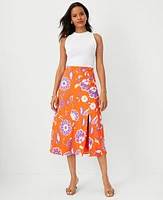 Ann Taylor Petite Floral Button Slit Midi Slip Skirt Flame Azalea Women's