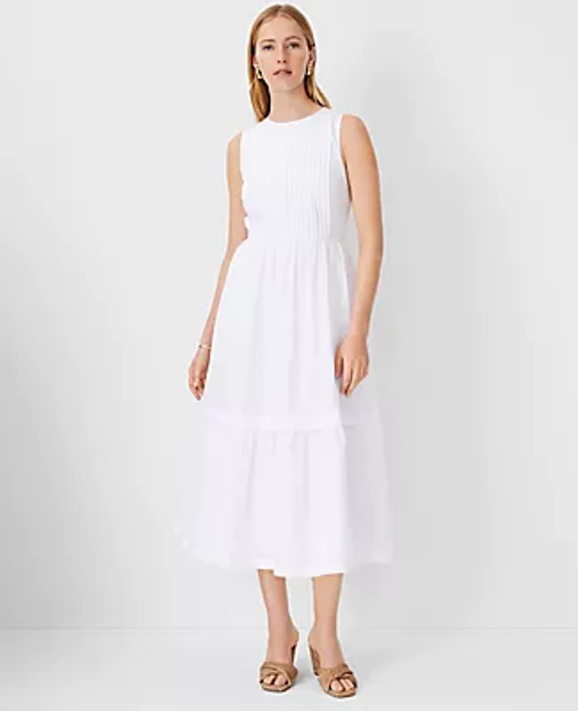 Ann Taylor Petite Linen Blend Pintucked Flare Maxi Dress