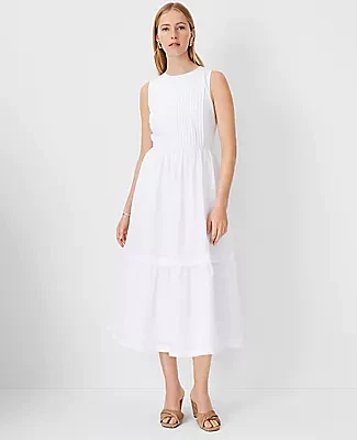 Ann Taylor Petite Linen Blend Pintucked Flare Midi Dress