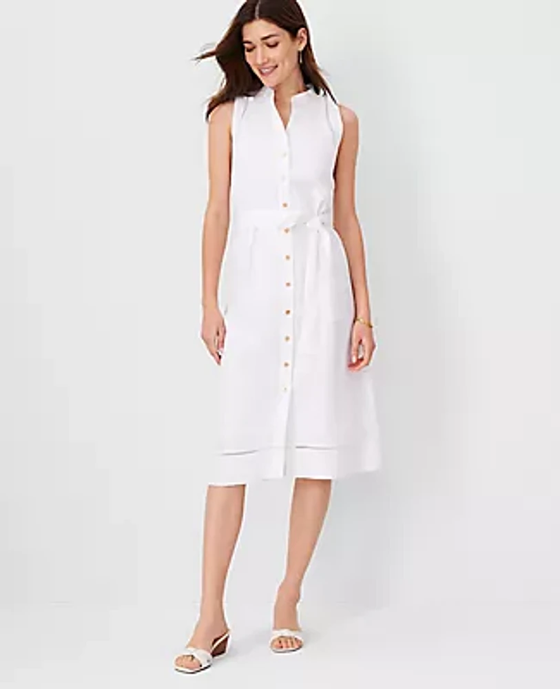 Ann Taylor Petite Linen Blend Split Neck Sleeveless Shirtdress