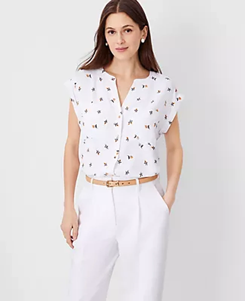 Ann Taylor Petite Floral Split Neck Pocket Button Down Top