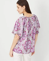 Ann Taylor Petite Tile Flounce Sleeve Popover Top Magenta Shadow Women's