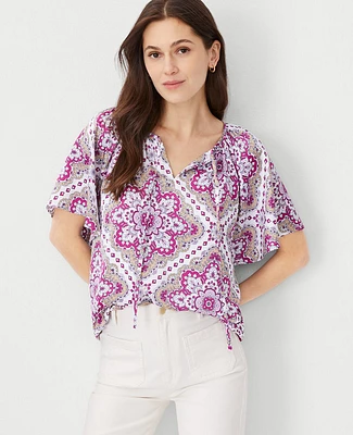 Ann Taylor Petite Tile Flounce Sleeve Popover Top Magenta Shadow Women's