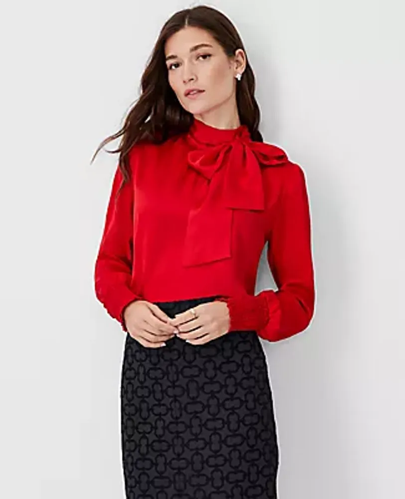 Ann Taylor Smocked Cuff Bow Blouse