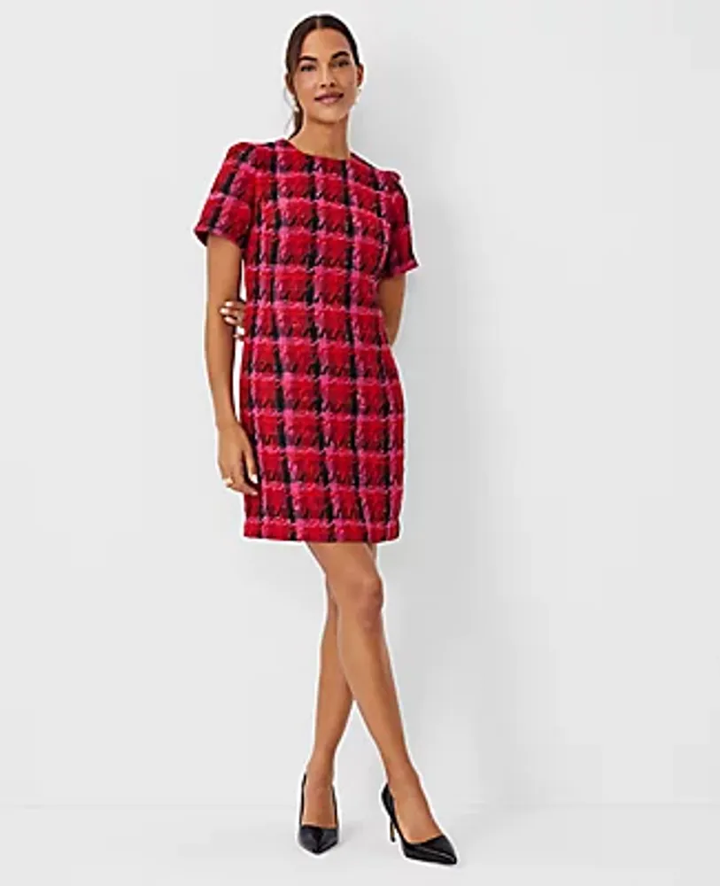 Shimmer Houndstooth Tweed Shift Dress