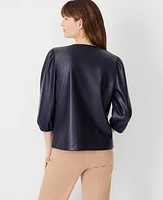 Ann Taylor Faux Leather Split Neck Top Night Sky Women's