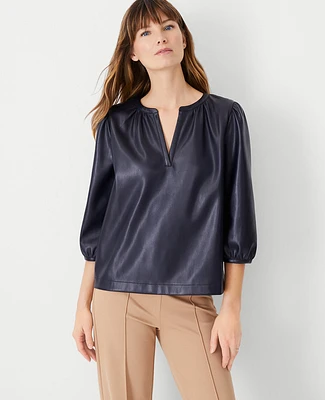 Ann Taylor Faux Leather Split Neck Top Night Sky Women's