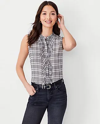 Ann Taylor Tall Houndstooth Cascading Ruffle Shell Top