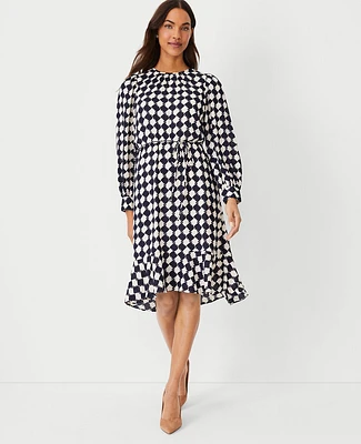 Ann Taylor Houndstooth Flounce Flare Dress Night Sky Women's