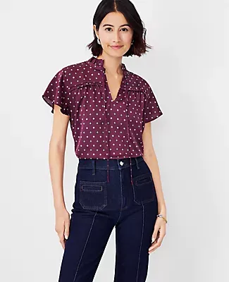 Ann Taylor Petite Geo Mixed Media Ruffle Tie Neck Top